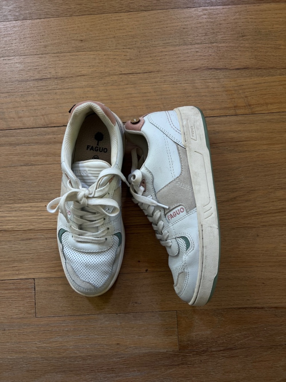 Faguo White Leather Sneakers with Green & Pink Accents - size 7.5